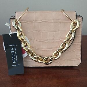 Vegan Croc-Embossed Beige Chain Handle Shoulder Bag